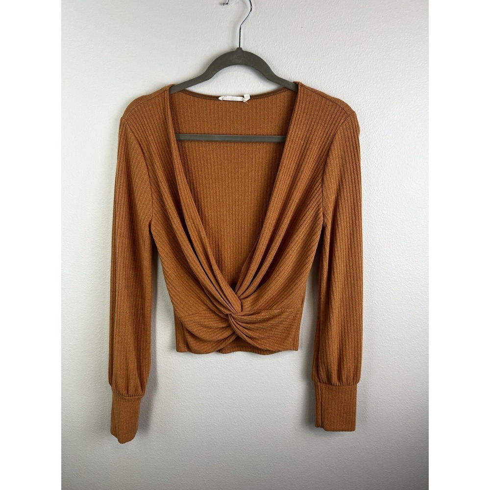Lush Women's Long Sleeve Ribbed Cropped Top Deep V Neck Sz Medium